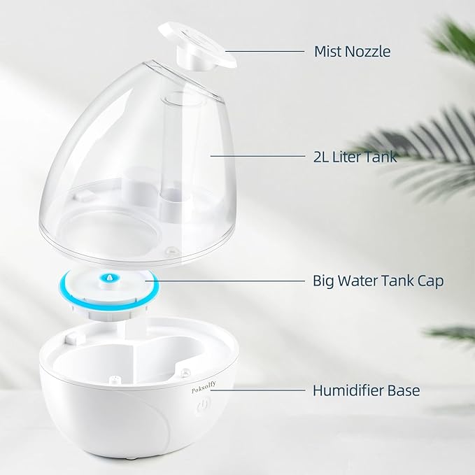 Cool Mist Humidifier for Bedroom,2L Small Humidifiers for Bedroom and Office,25dB Humidifier for Toy room and Plant,Last Up to 13H on Max Mist Setting (White Transparent)