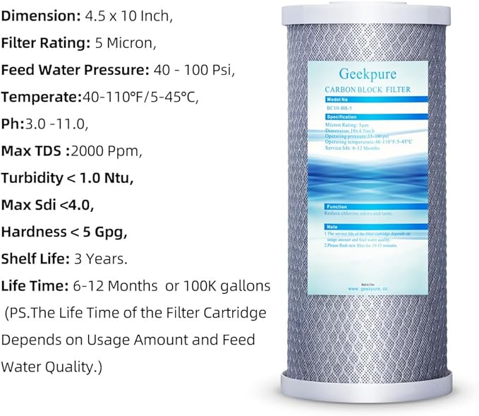 Geekpure 10 Inch Whole House Water Filters Set w/PP and Carbon Block -4.5"x 10"-5 Micron