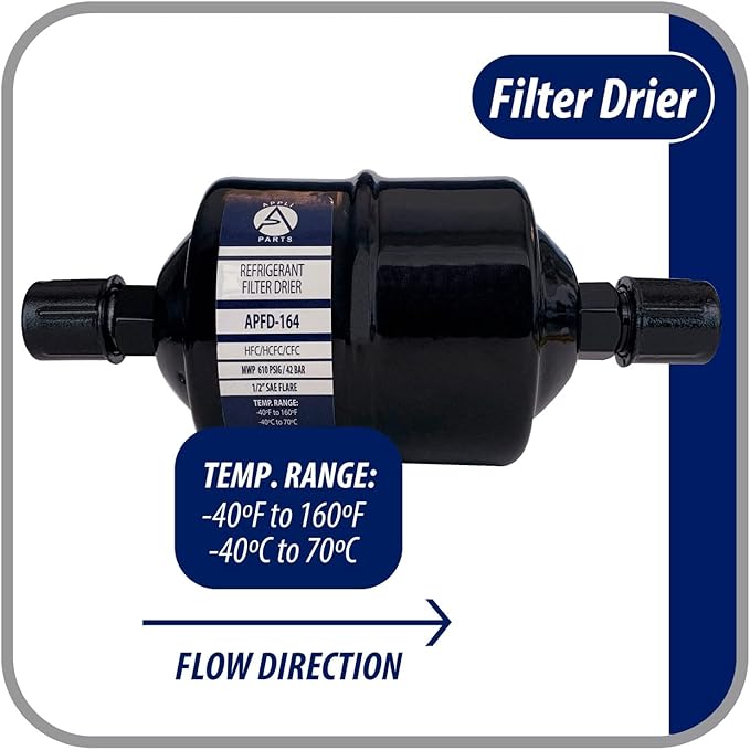 Appli Parts APFD-164 1/2 in Liquid Line Refrigerant AC Filter Drier hvac Refrigeration 164 SAE Flare connection universal unidirectional 7in long 3in wide