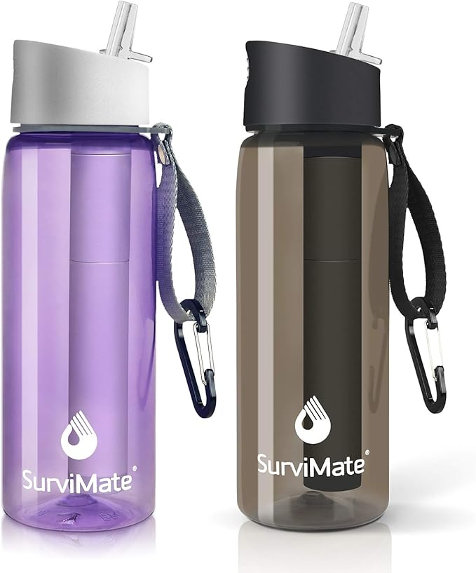 SurviMate Purified Water Bottle for Camping, Hiking, Backpacking and Travel, BPA Free with 5-Stage Intergrated Filter Straw