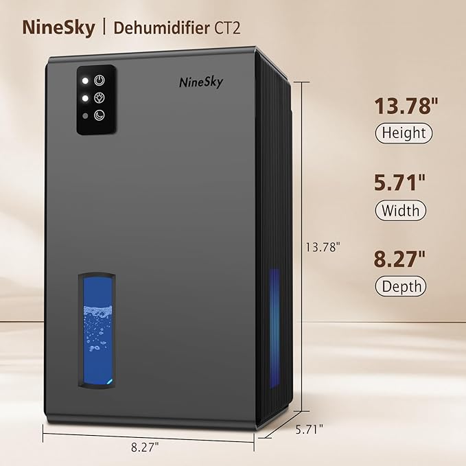NineSky Dehumidifier for Home, 95 OZ Water Tank, (1000 sq.ft) Dehumidifiers for Bathroom Bedroom Basement with Auto Shut Off,7 Colors LED Light (Gray)