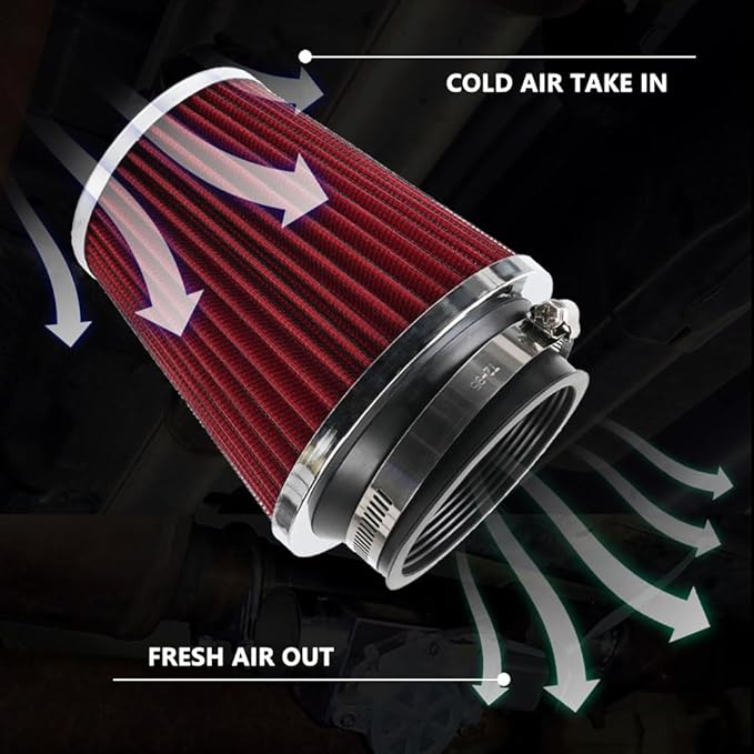 Clamp-On Cold Air Intake Filter, High Performance, Washable Filter, Replacement Air Filter, Flange Diameter 3inch/76mm Red