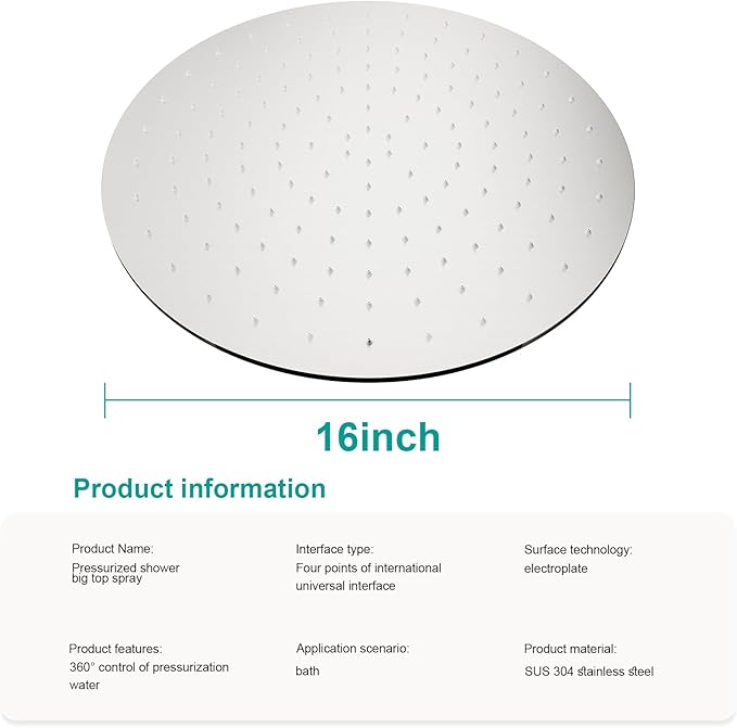 All Metal Rain Shower Head - Heavy Duty Stainless Steel, Easy Install, High Water Flow, Ultra-Thin Modern Design for Bathroom (Brushed Nickel, 16)