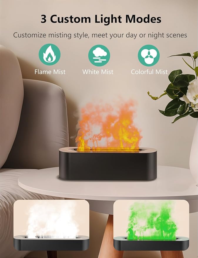 Flame Air Diffuser, Humidifier, Essential Oil Diffuser - 7 Colors, 180mL Capacity (8 Hours), Noiseless Operation, Auto-Off Protection - Perfect for Home Bedroom Office Gifts(Black)