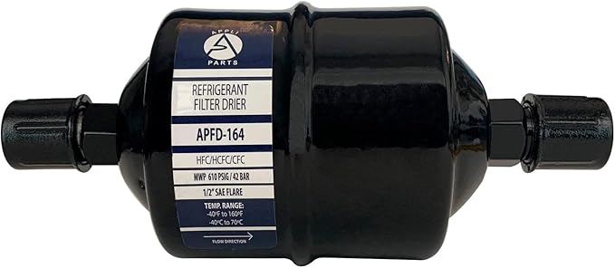 Appli Parts APFD-164 1/2 in Liquid Line Refrigerant AC Filter Drier hvac Refrigeration 164 SAE Flare connection universal unidirectional 7in long 3in wide