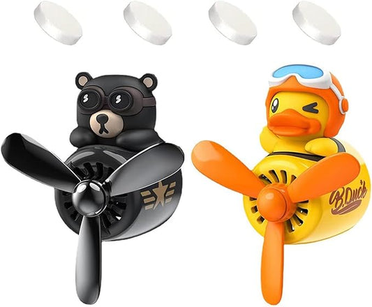 2 Pieces Car Air Fresheners, Cute Bear Pilot Car Diffuser, Propeller Air Outlet Vent Fresheners, Suitable for Automotive Interior Decoration (Bear+Duck)