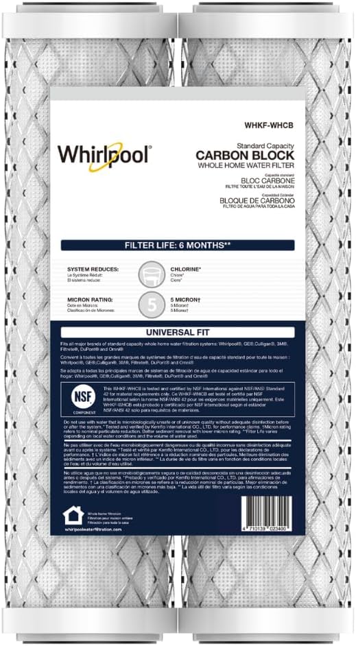 Whirlpool 10" x 2.5" Carbon Block Water Filter WHKF-WHCB, NSF Certified 5 Micron Reduces Chlorine and Sediment, 6-Month Life, CTO Replacement Cartridge Fits Most Home Filter Housings