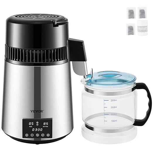 VEVOR Water Distiller, 304 Stainless Steel Countertop Water Stiller, 0.3Gal/H, 0-99H Timing Dual Temp Display, 1.1Gal Distilled Water Maker Machine, Glass Carafe, 3 Carbon Bags, Citric Acid Powder