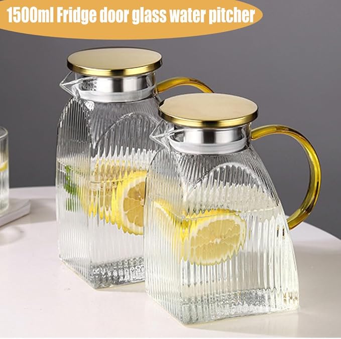 Glass Pitcher with Stainless Steel Gold Lid - 1.5L Ideal Fridge Door Water Pitcher for Hot or Cold Beverage, Iced Tea, Juice, Milk, Coffee, Lemonade