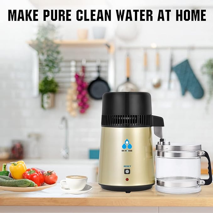 DC HOUSE Upgrade Water Distiller, 304 Stainless Steel 1 Gallon Distilled Water Maker Machine for Home Countertop Table Desktop, 750W 4L Making Machine with On Off Switch, Glass Container