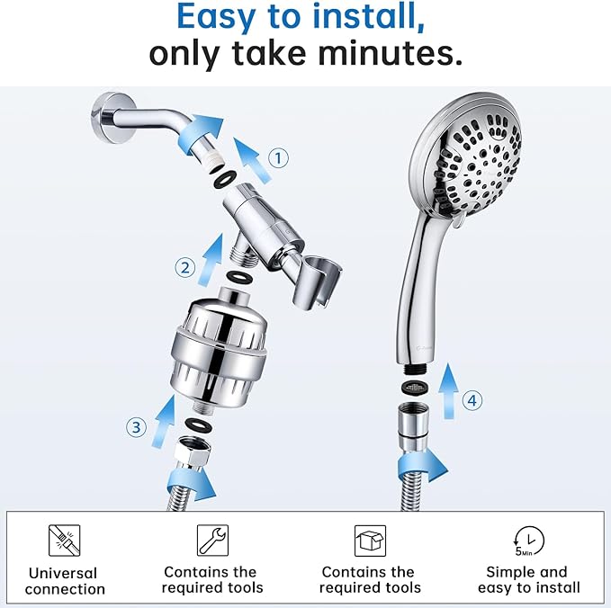 G-Promise Luxury Filtered Handheld Shower Head, 6 Spray Settings Shower Set with Effective Filter of 2 Cartridges, Adjustable Metal Bracket, Extra Long Stretchable Hose, Chrome (Chrome with Filter)