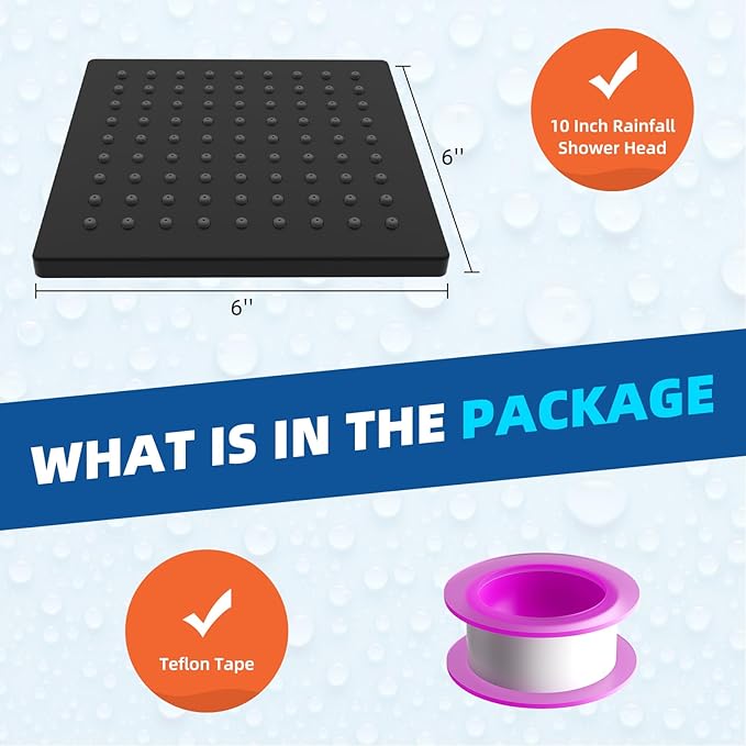 Hibbent Thickness Metal Rain Shower Head, 6'' High Pressure Rainfall Shower Head, Square Bathroom Waterfall Shower Heads, High Flow Fixed Showerheads with Adjustable Brass Ball Joint, Matte Black