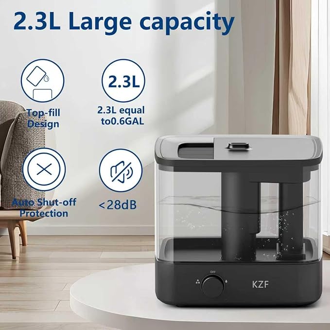 2.3L Top-Fill Cool Mist Humidifier – Whisper-Quiet, Up to 30 Hrs Runtime, Auto Shut-Off, Ideal for Bedroom, Baby Nursery & Plants
