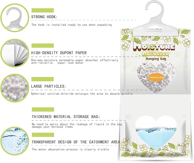 16 Pack Moisture Absorber Hanging Bags,220g/Pack Fagrance Free Moisture Bag,Hanging Closet Dehumidifier Bags for Basement Closet Storeroom