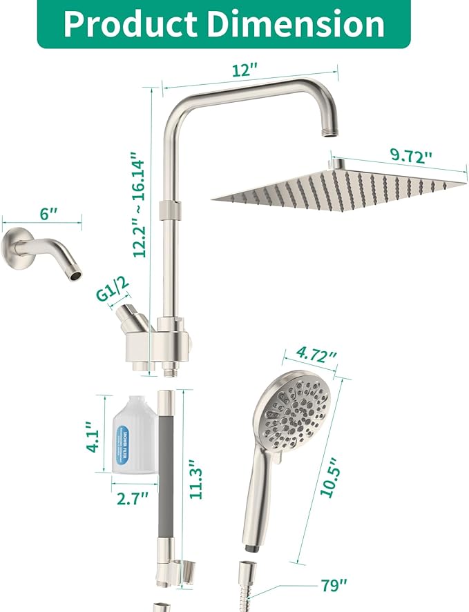 10" Filtered Rain Shower Head with Handheld Spray Combo, High Pressure Shower Head and Handle Set with Filter, Dual Shower Head with Extra Long Hose and Adjustable Arm (Brushed Nickel)