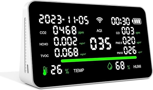 11-in-1 Air Quality Monitor, Indoor CO2/VOC/AQI/PM2.5/Thermometer/Humidity Monitor, Portable Smart Air Quality Meters, Air Quality Tester for Home Office Outdoor, Battery Powered (White)