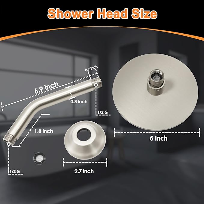 6 Inch Round Rainfall Shower Head with Stainless Steel Arm High Pressure Water Saving Anti-Clog Nozzles Easy Install for Bathroom/Bathtub (Round, Brushed Nickel)