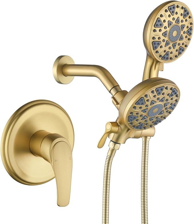Shower Faucet Set Complete Shower Kit Dual Shower Head and Handheld 2 in 1 Combo Set Shower System Shower Trim Kit Combo Set Shower Fixtures, Brushed Gold