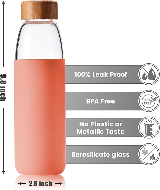veegoal 25 Oz Borosilicate Glass Water Bottles with Bamboo Lid, BPA-FREE, Non-Slip Silicone Sleeve, and Stainless Steel Leak Proof Lid - Reusable Glass Bottle for Men and Women