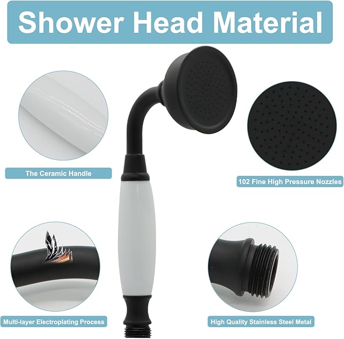 HOMEDEC Vintage Handheld Shower Head with 59inch Flexible Hose High-Pressure Antique Rain Showerhead Combo Replacement No Wand Holder, Round Telephone Shape, Matte Black