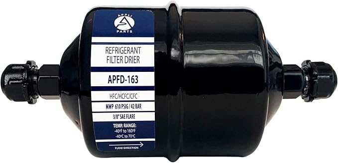 Appli Parts APFD-163 3/8 in Liquid Line Refrigerant AC Filter Drier hvac Refrigeration 163 SAE Flare connection universal unidirectional 7in long 3in wide