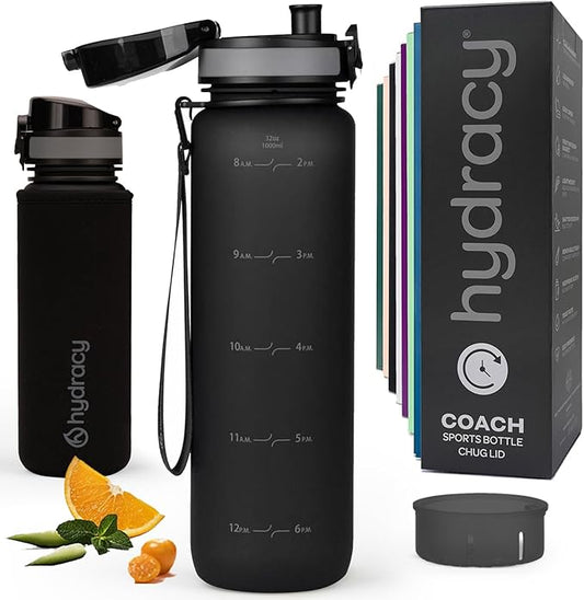 Hydracy Water Bottle with Time Marker -Large BPA Free Water Bottle & No Sweat Sleeve -Leak Proof Gym Bottle with Fruit Infuser Strainer & Times to Drink -Ideal for Fitness Sports & Outdoors