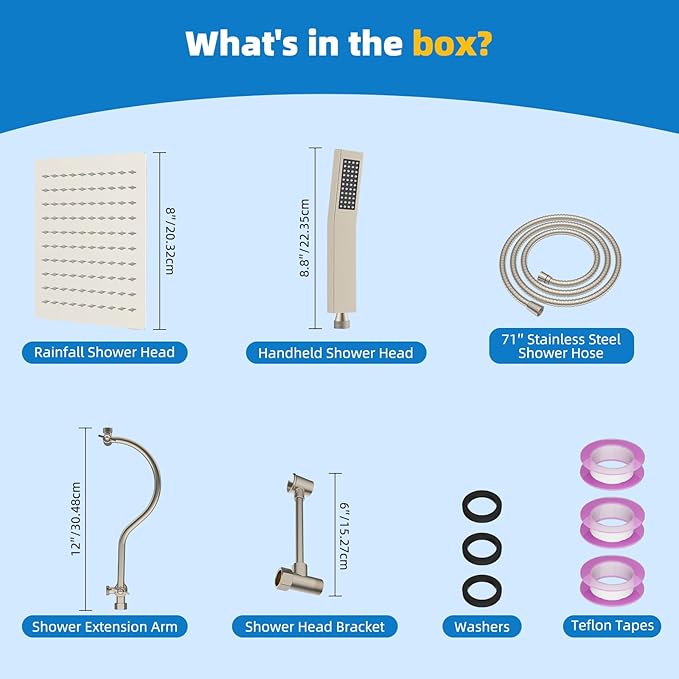 Hibbent All Metal Shower Head, 8'' High Pressure Rainfall Shower Head, Showerhead Combo, Handheld Shower Wand, 12'' Adjustable Curved Extension Arm, 71'' Hose, Shower Head Holder, Brushed Nickel