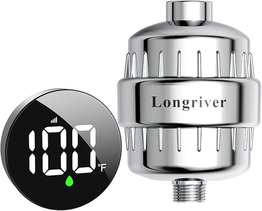 Tem8 Bathroom Shower Filter Fixture with Wireless Temperature Display | Hard Water Purifier 99.99% Remove Chlorine & Heavy Metals | Improve Skin & Hair Health | Chrome Hardware Accessories