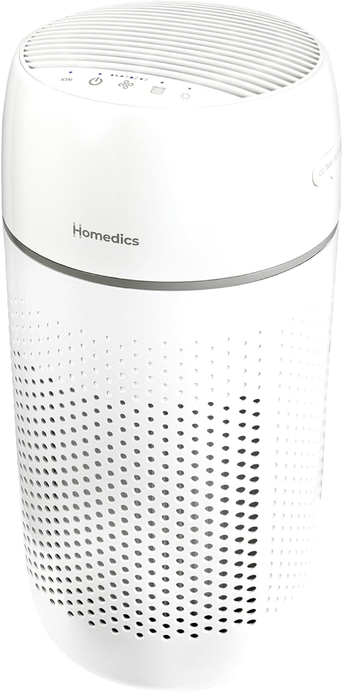 Homedics Air Purifier, 5-in-1 Tower Air Purifier, 99% HEPA-Type Filtration with UV-C Technology and Carbon Odor Filter, 4 Speeds, Essential Oil Aromatherapy Tray, for Medium Rooms