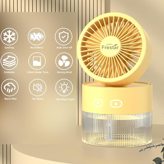 Personal Cooling Fan and Small Air Humidifier 350ml with LED Night Light, Desktop USB Charging Humidifier and Fan 3 in 1 for Office and Small Room, No Battery (Yellow)