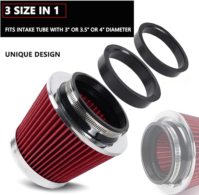 4-Inch Cold Air Intake Filter - Washable, High Performance, 3" or 3-1/2" or 4" Clamp-On Replacement Air Filter Red