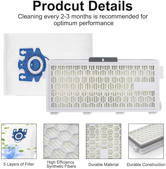 4 Pack SF-HA 50 HEPA AirClean 50 Filter for Miele, Vacuum Filters Compatible with Miele S4, S5, S6, S8, S8000 Series, Complete C2 & C3, with 4 AirClean 3D GN Vacuum Cleaner Bags+ 2 Air Clean Filters