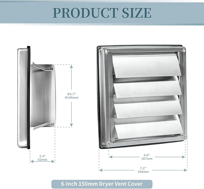 4/5/6-Inch Dryer Vent Cover Outdoor for House, Exhaust vent Wall Vent Outside (Louvered design 6-Inch)