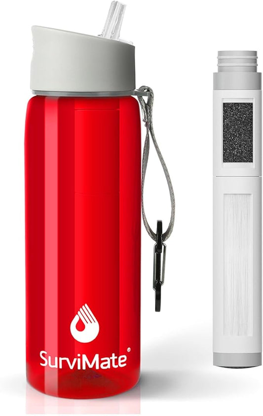 SurviMate 5-Stage 0.01μm Ultra-Filtration Filtered Water Bottle, BPA-Free Material, NSF/ANSI 42&372 Certified, Portable Water Filter Bottle for Survival, Camping, Hiking, and Emergency Use