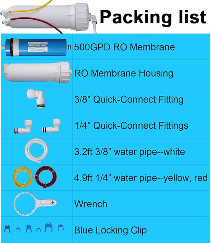 Huining 3012-500GPD Reverse Osmosis Membrane Housing Kit with 3/8 1/4 Quick Connector,Water Pipe,Wrench Whole Set Compatible with Residential Household Water Filtration System