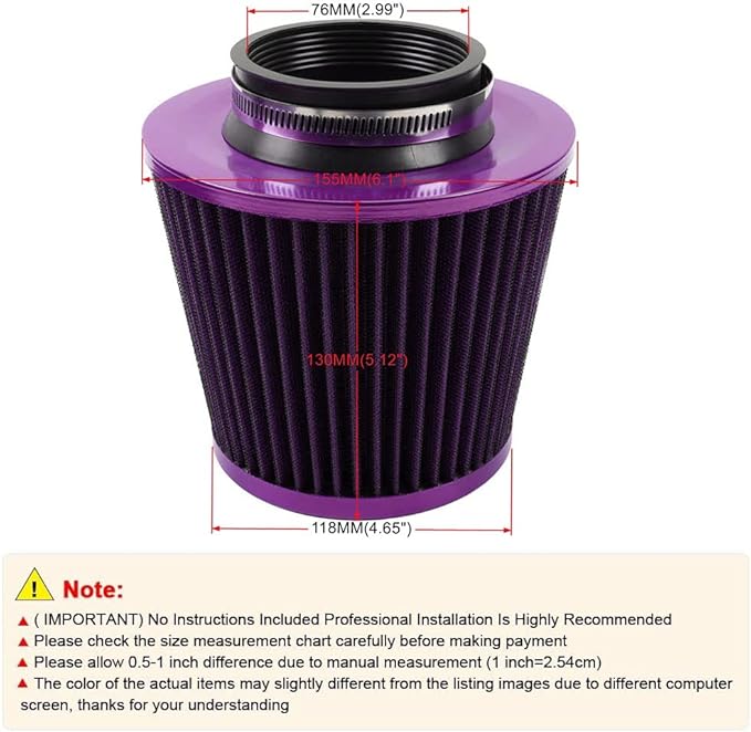 muge racing 3-inch Cold Air Intake Filter 76mm, High Performance Clamp-On Engine Intake Air Filter, Washable Reusable & Universal Round Tapered Replacement Air Filter, Purple