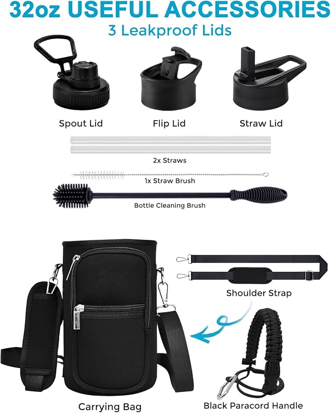 Travel Water Bottle with Carrying Bag, 3 Lids (Spout, Straw, Flip), and Bottle Brush; Leak Proof, Quality, Vacuum Insulated, Stainless Steel (Black, 32 oz)