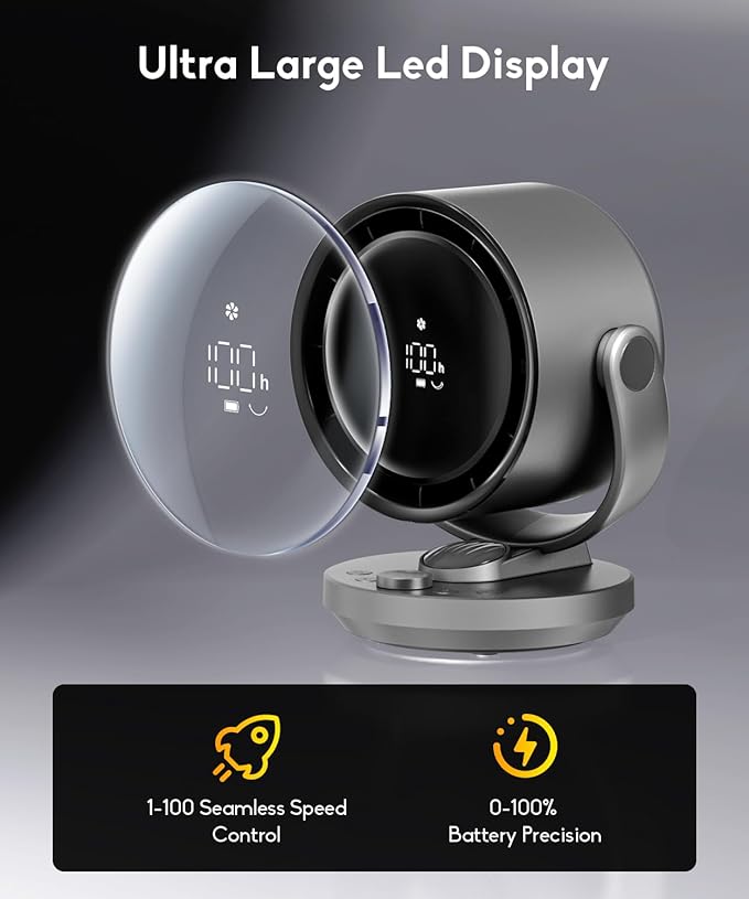 let'me Desk Fan, 100-Speed Table Fan with Digital Display, Rechargeable Portable Fan with Warm Night Light, 135°Auto Oscillating Fan and 12H Timer, Small Quiet Desk Fan for Bedroom, Home, Office