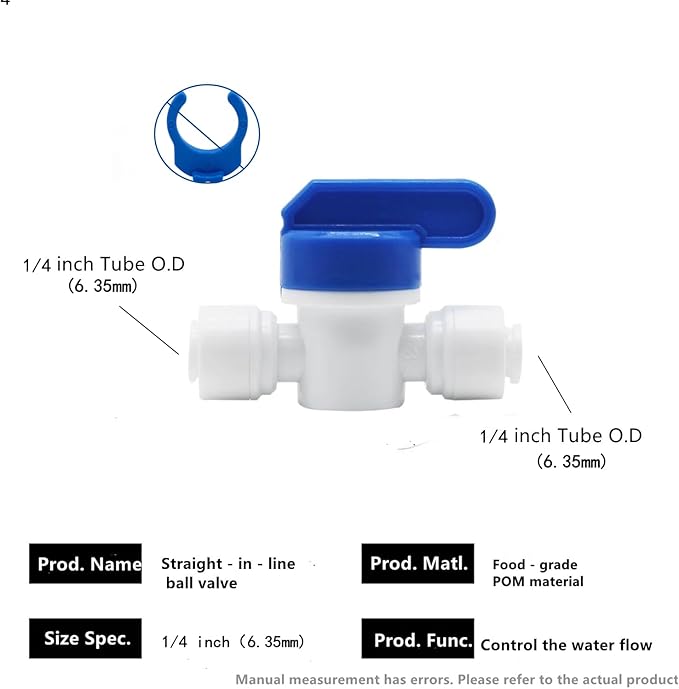1/4 inch OD Tubing&Hose&Pipe Use Inline Shut Off Ball Valve Plastic Quick Connect Fittings for Water Purifier RODI System (Pack of 10)