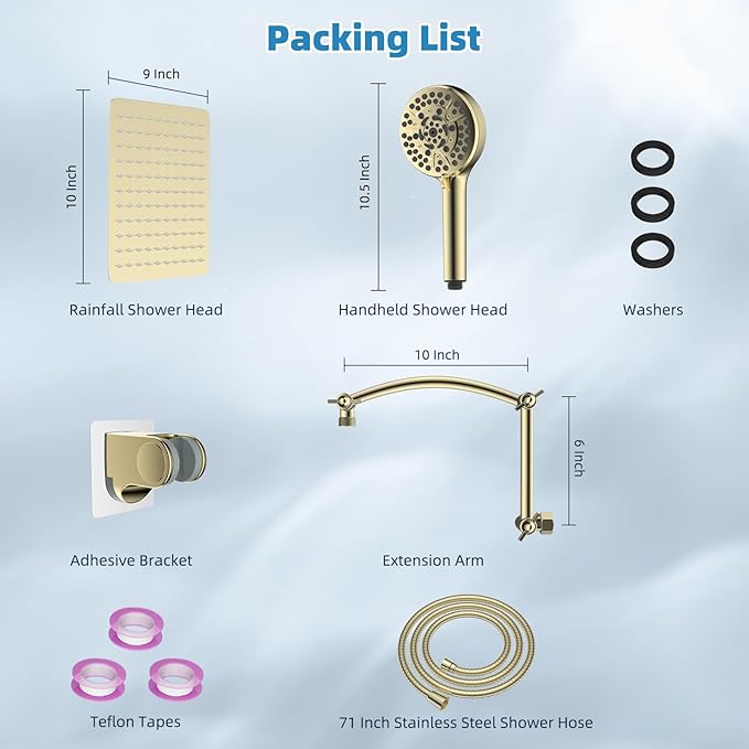 Hibbent All Metal Shower Head, 10'' High Pressure Rain Shower Head, Handheld Showerhead Combo, 16'' Adjustable Shower Extension Arm, 10 Sprays, 71'' Hose, Adhesive Showerhead Holder, Polished Brass