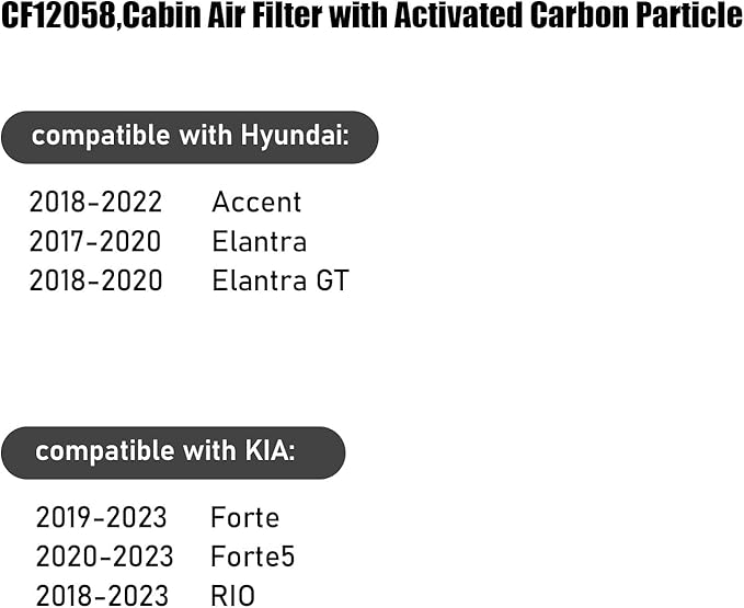 CF12058,Cabin Air Filter with activated carbon particle for Hyundai,2018-2022 Accent,2017-2020 Elantra,2018-2020 Elantra GT.KIA,2019-2023 Forte,2020-2023 Forte5,2018-2023 RIO.97133F2000,F2H7.