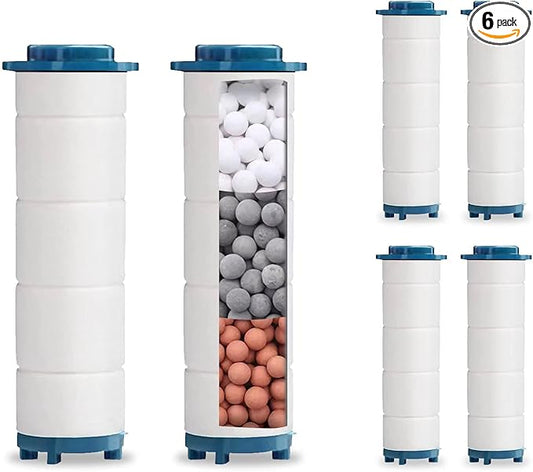 Spray Shower Head Filter with Mineral Beads, Hydro High Pressure Handheld Turbo Shower Head Filter for Hard Water, Reduces Dry Itchy Skin & Hair Loss, 2.95in Set of 6 Replacement PP-Cotton Filters
