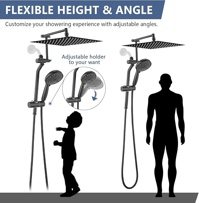 High Pressure 12 Inch Rainfall Shower Head with Handheld Combo, 16" Adjustable Extension Arm Build-in 3-way Diverter, Dual Shower Head Combo Set with Adjustable Height Slide Bar - Matte Black