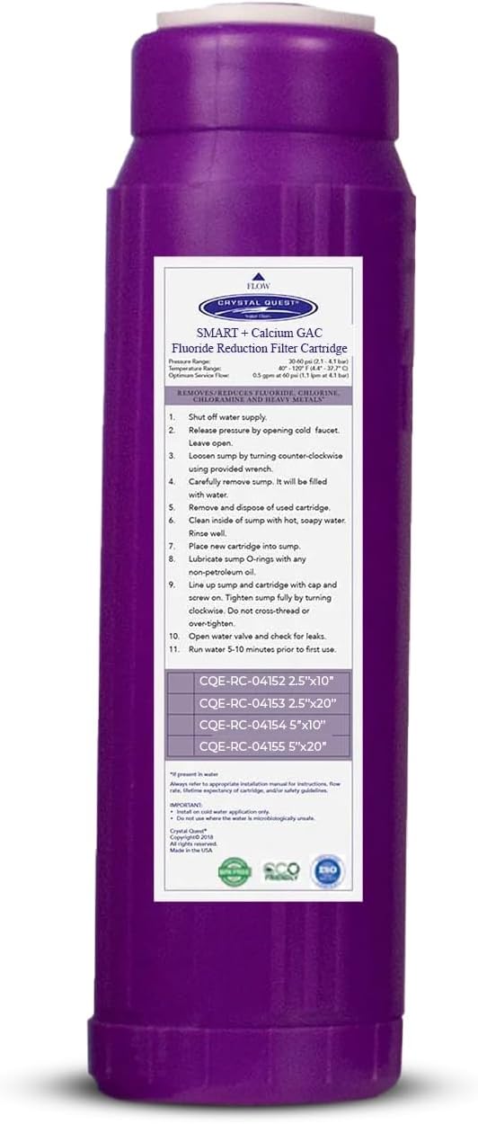 Crystal Quest SMART + Calcium GAC Fluoride Reduction Water Filter Cartridge - 1 Micron - Coconut Shell GAC - Eagle Redox Alloy - Reduces Fluoride & Contaminants -2-7/8” x 9-3/4”