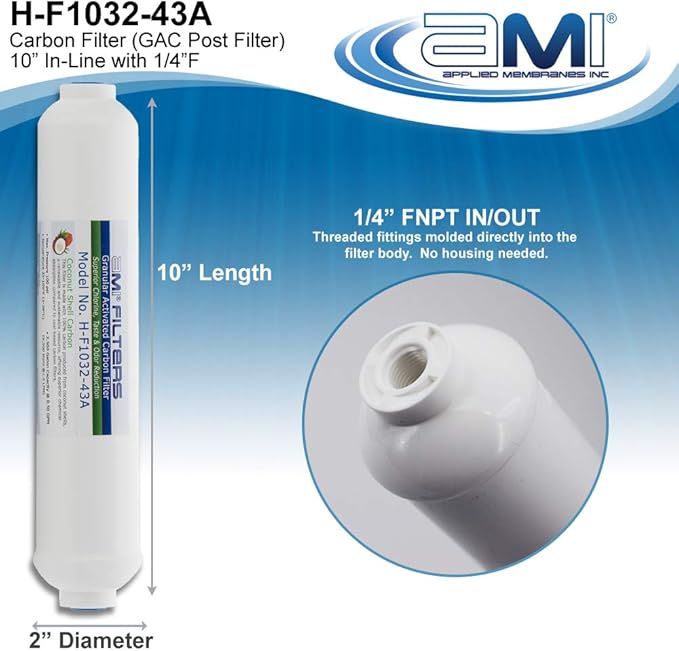 Inline Carbon Water Filter | 10" Length | 1/4" Threaded Female In/Out | For Chlorine Taste & Odor or Post Filter for Home RO | RO Stage 5 Polishing Filter (1, 1/4" Female Threade)