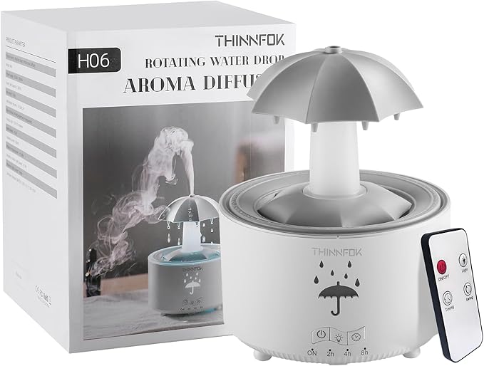 Humidifiers for Bedroom,Aromatherapy Essential Oils Diffuser,Quiet Ultrasonic Clouds and Cool Mist Humidifier, 7 Colors Breathing LED Light,Rotating Umbrella Rain Drops,Ideal Holiday Gifts for Home