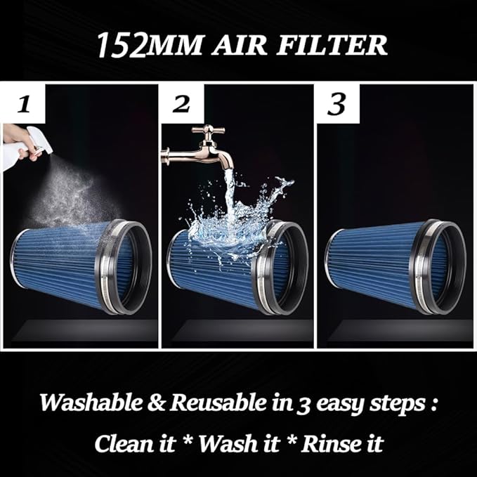 MUGE RACING 6" 152 mm High Flow Inlet Air Filter, Air Intake Cone Filter Replacement Performance Washable Clamp-On Dry, 8'' Tall(Blue)