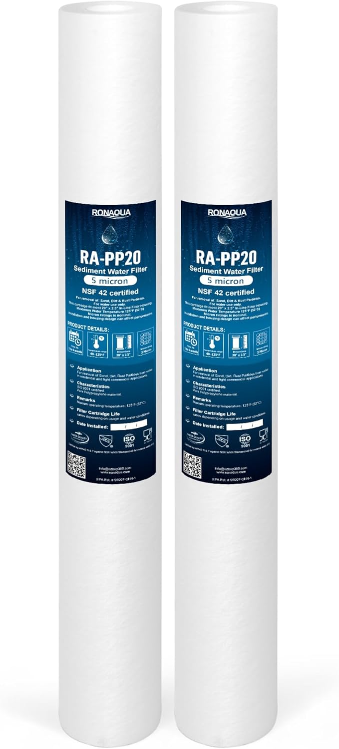 Ronaqua 5 Micron Standard 20" x 2.5" Sediment Water Filter Cartridge, NSF Certified, 4-Layer Filtration for 20” x 2.5” Whole House Systems, Compatible with FPMB5-20, SDC-25-2005/4, VX05-20, 2 Pack