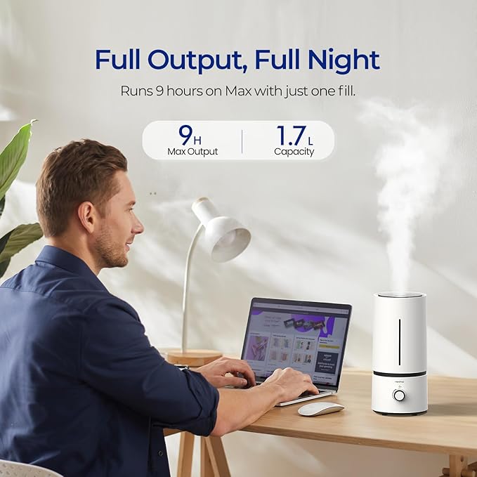 raydrop Cool Mist Humidifiers for Home Babies, 1.70 L Quiet and Small Ultrasonic Humidifier for Bedroom Nightstand, Space Saving, Auto Shut Off - (0.45 Gallon, US 110 V)