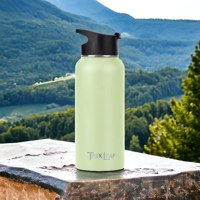 Travel Water Bottle with Carrying Bag, 3 Lids (Spout, Straw, Flip), and Bottle Brush; Leak Proof, Quality, Vacuum Insulated, Stainless Steel (Sage Sprout, 32 oz)